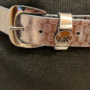 NEW Michael Kors Silver Faux Leather Belt with MK Logo Throughout Size M